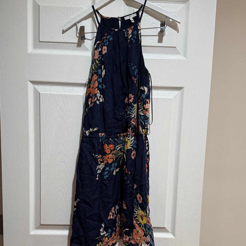 Joie Navy Floral Midi Dress Pink Orange Yellow Accents Flowers Spring Size XS